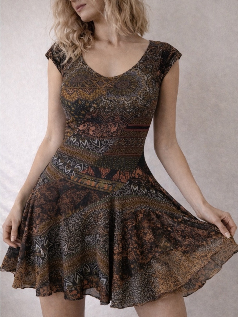 Desigual Brown Patchwork Fit Flare Dress Size S Boho Festival Artsy Indie